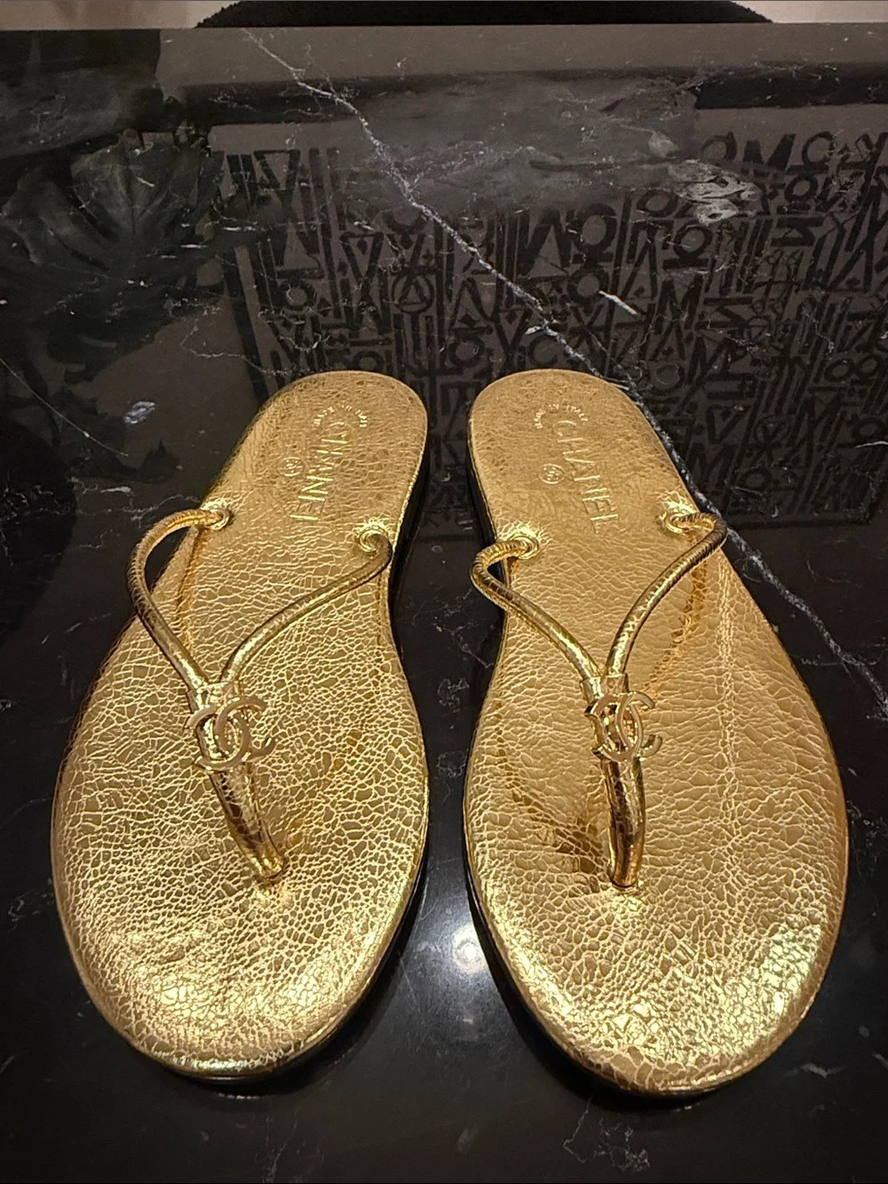 CHANEL Metallic Gold Leather Thong Sandals with Double CC Logo